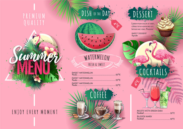 夏季菜单设计与火烈鸟和热带树叶图片下载