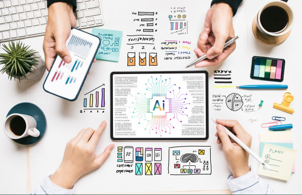 商业创意与顶视图人工作与人工智能技术或创意部门。聪明的工作。数据管理与分析图片下载