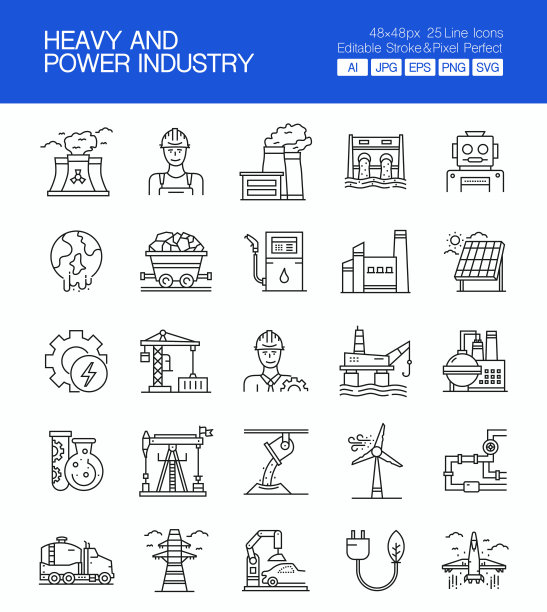 重和功率细线矢量图标集。设计是可编辑的，颜色可以改变。矢量集的创意图标:发电厂，工厂，油泵，煤矿开采，能源，工业，污染图片下载