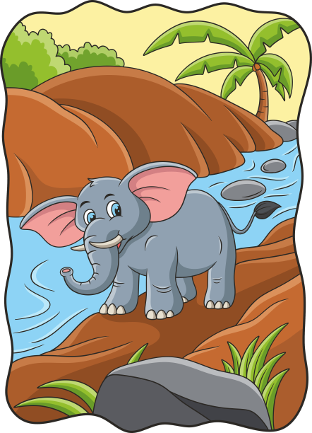 卡通一只大象走在河边图片下载