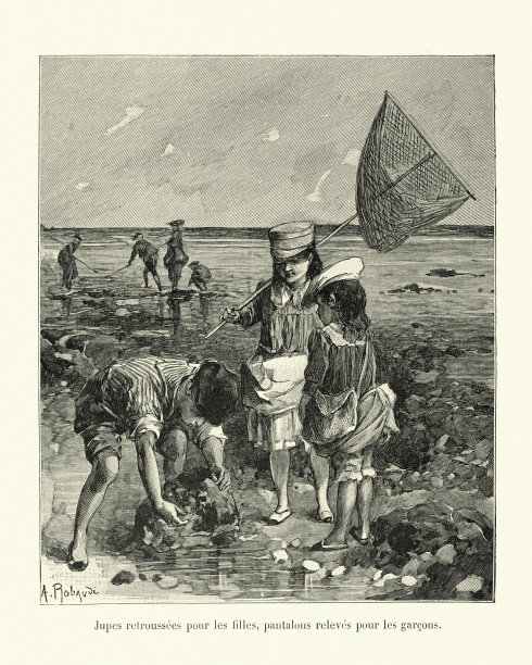 孩子们在海边用石头拼成池子，在潮池中寻找图片下载