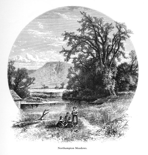 北安普顿草地，康涅狄格河，康涅狄格山谷，美国马萨诸塞州，美国维多利亚版画，1872年图片下载