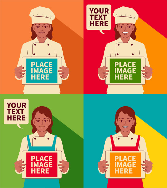 微笑美丽的年轻女厨师(面包师)拿着一个空白屏幕的数字平板电脑，看着相机图片下载