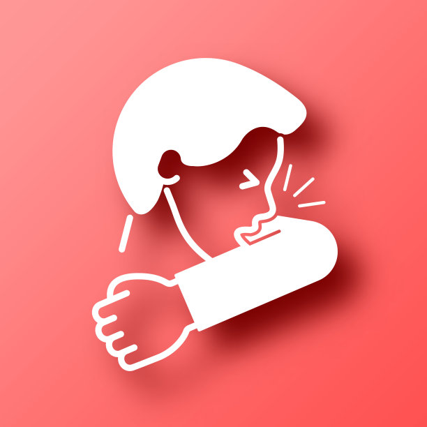 对着肘部咳嗽或打喷嚏。图标在红色背景与阴影图片下载