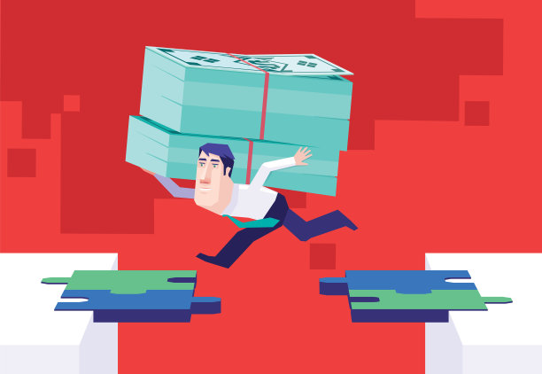 商人带着一堆钞票，跳过残破的拼图桥图片下载