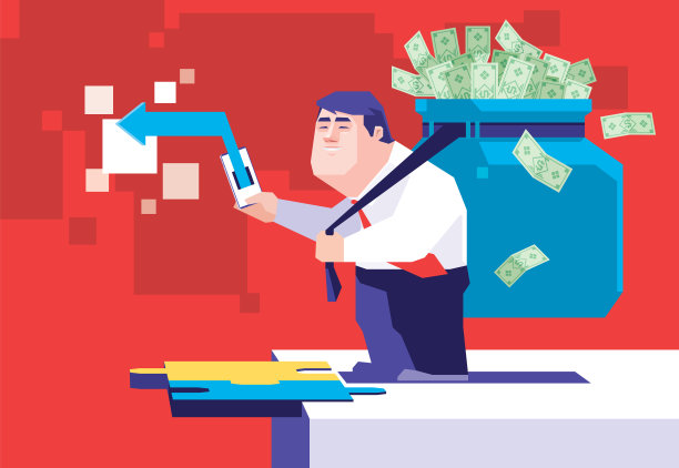 商人背着一袋钞票，看着智能手机图片下载