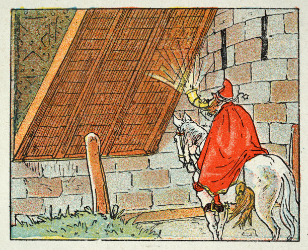 复古插图，卡通人物在城堡吊桥上吹号角图片下载