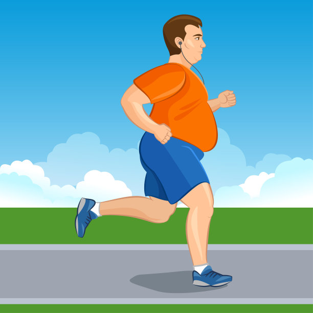 一个胖胖的卡通男人慢跑的插图，减肥概念，有氧训练，健康意识的跑步概念的男人，前后。图片下载