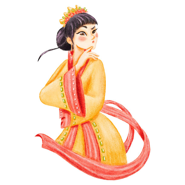 美丽的中国公主穿着民族服装，看起来很有鉴赏力。若有所思地向下看。一个有趣的人物的水彩孤立插图。头戴皇冠的黑发女孩。亚洲服装图片下载