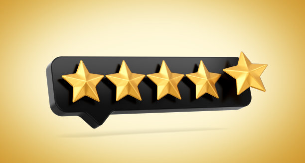 3d五个金色闪亮评级星符号与3d黑色聊天图标在金色背景3d插图图片下载