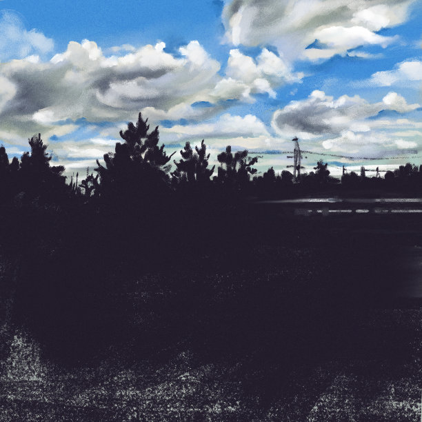 有多云天空和森林剪影的景观。图片下载