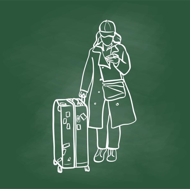 在手机黑板上带着行李旅行的女人图片下载