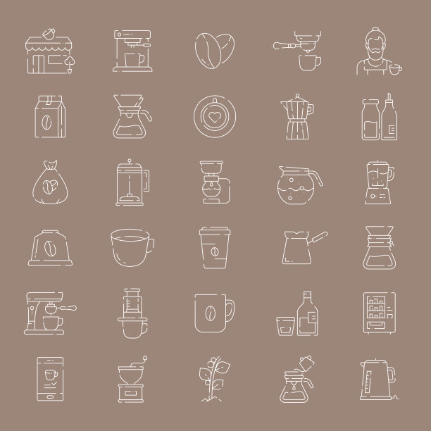 咖啡相关的矢量细线图标的简单设置。大纲符号集合。图片下载