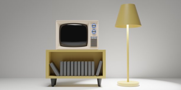 电视上有电视桌和书，地板上有灯。简约的波普艺术客厅家具。三维渲染图片下载