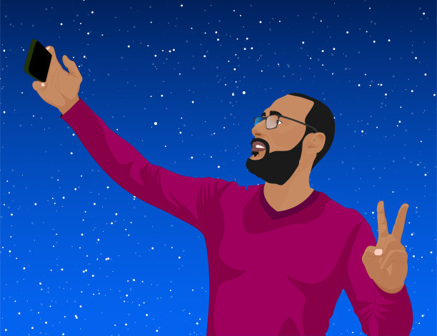 年轻人在天空中的自拍。图片下载