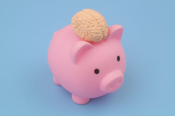 蓝色背景上有人脑的储蓄罐。图片下载