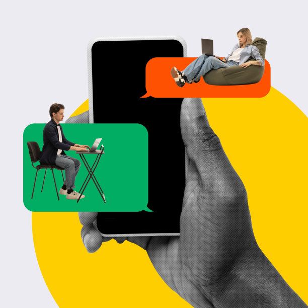 自由职业者。年轻人，男人和女人，用笔记本电脑远程在线工作和聊天。在线会议。当代艺术拼贴。图片下载