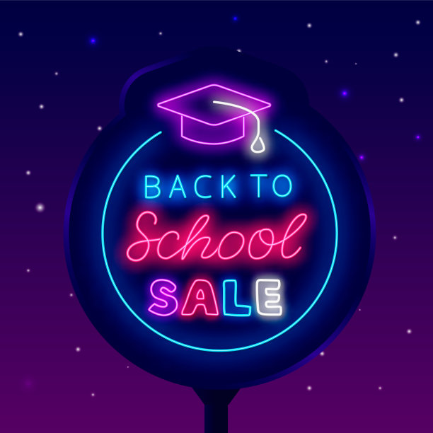 返校销售霓虹灯街头广告牌。发光的户外广告。矢量股票插图图片下载