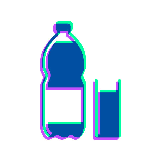 一瓶和一杯苏打水。图标与两种颜色叠加在白色背景上图片下载