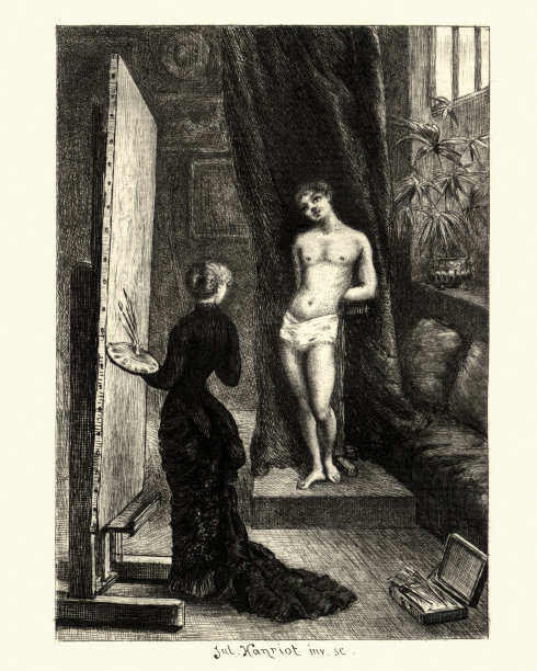 女画家为一位英俊的年轻人画肖像图片下载