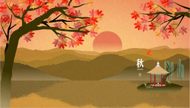 红枫下的金色风景图片下载