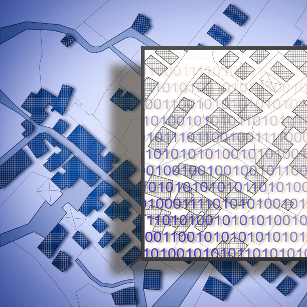 计算机化土地登记-概念与想象地籍地图的领土与建筑物，道路和土地包裹和二进制代码- 3D渲染图片下载