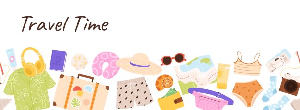 涂鸦旅行无缝图案与行李物品。海滩度假配件、旅游旅行箱、服装及门票。活泼的矢量横幅模板图片下载