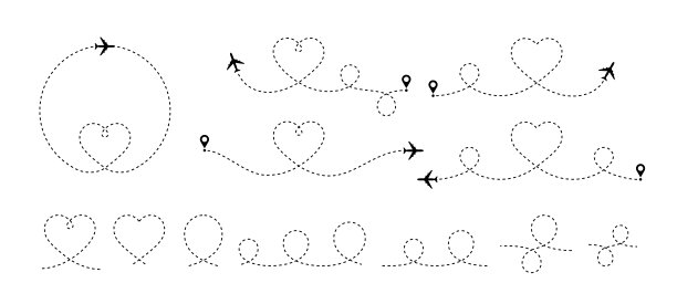 心的飞机。平面用虚线做成心形，旅行情人节的浪漫概念。蜜月旅行，飞机行程矢量笔画可编辑集图片下载
