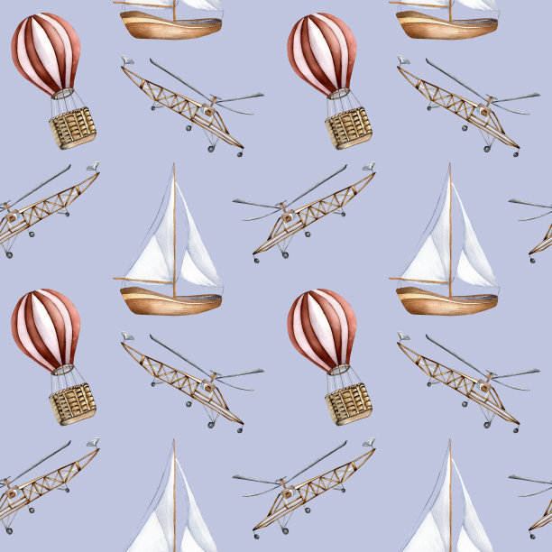 帆船、热气球、飞机水彩无缝图案孤立于蓝色之上。船、飞机、船、浮空器手绘。印刷男孩，包装，纺织品，复古风格的壁纸，背景图片下载