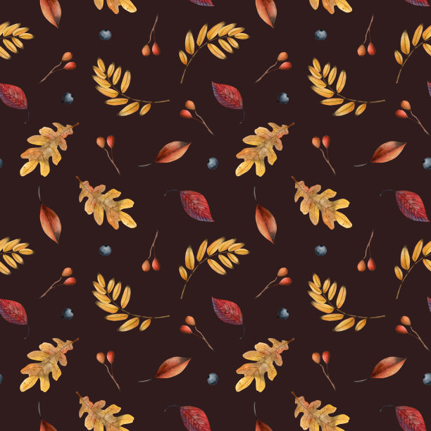 黄红色的紫菀叶和浆果无缝图案上深褐色。秋季植物水彩背景插图手绘植物织物和纺织品图片下载