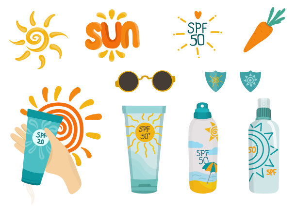 一套防晒用品和有趣的字母。防晒——面霜、太阳镜。准备出海图片下载
