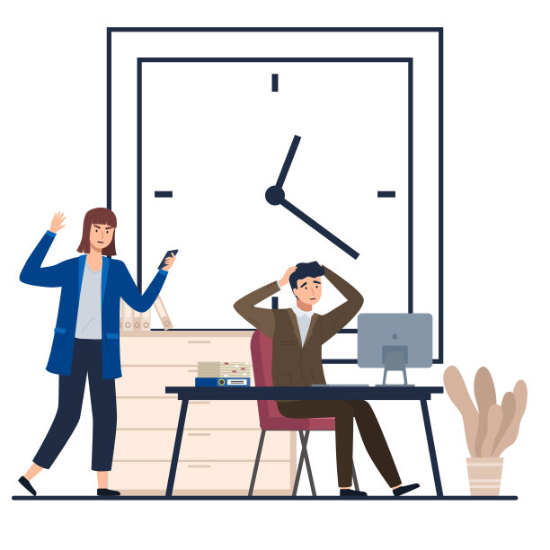 办公室的最后期限。压力大的员工在大型手表附近加班。疲惫的工人和愤怒的老板图片下载
