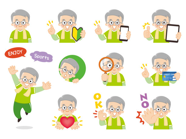 锻炼老年人变异。初学者标记，智能手机，平板电脑，放大镜，信用卡，心脏，好的，不。图片下载