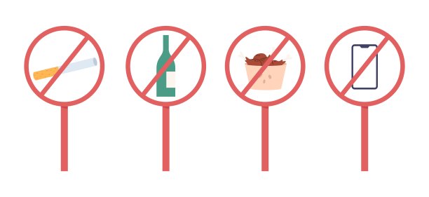 禁止标示，禁止吸烟、饮酒、吃快餐和使用智能手机。不良习惯与成人流行的上瘾、矢量元素有关图片下载