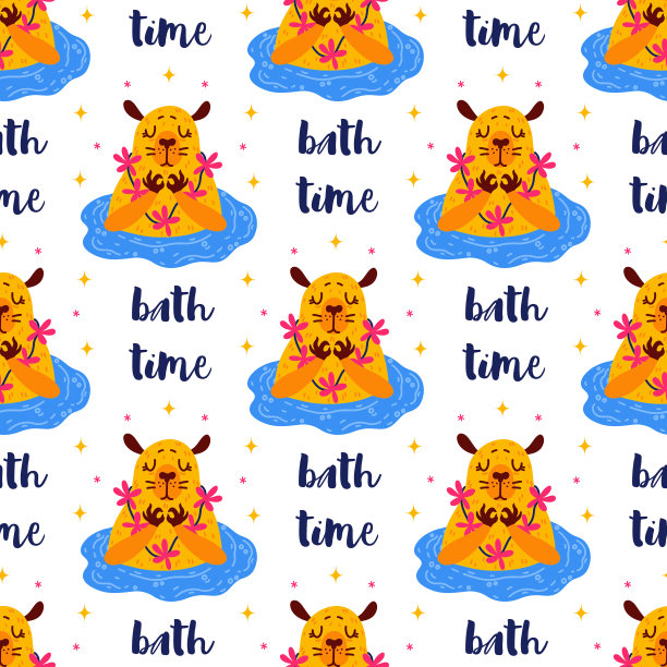 可爱的水豚在湖中游泳无缝矢量图案。戴着花项链的搞笑宠物在冥想。洗浴时间。平面卡通插图。明亮的婴儿背景海报，打印，壁纸图片下载