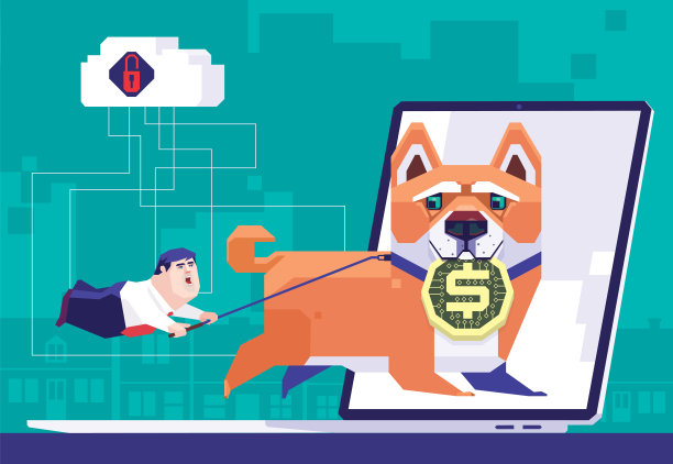 狗拿着硬币，领导商人，在笔记本电脑上运行图片下载