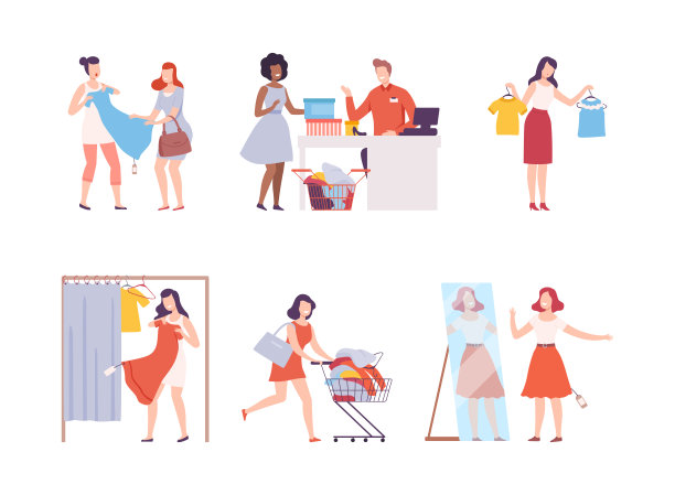 女人们在商店里试穿和购买衣服。参加季节性大甩卖的女孩。黑色星期五销售事件平面矢量插图图片下载