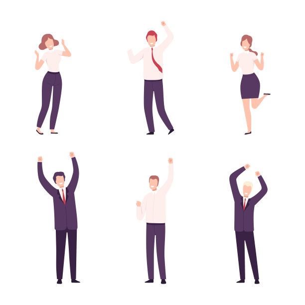 成功的商人站在那里，双手高举。情感男女员工庆祝目标实现的平面矢量图图片下载