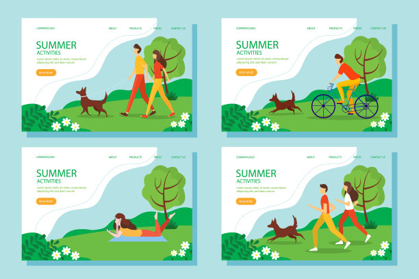 夏季活动网页横幅集。积极和健康生活方式的概念。平面风格的插图。图片下载