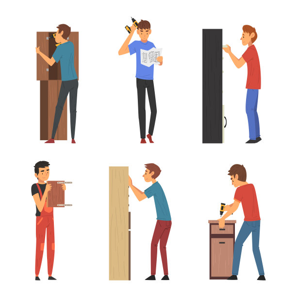男人们正在组装家具。男性人物制作木制家具使用专业工具卡通矢量插图图片下载