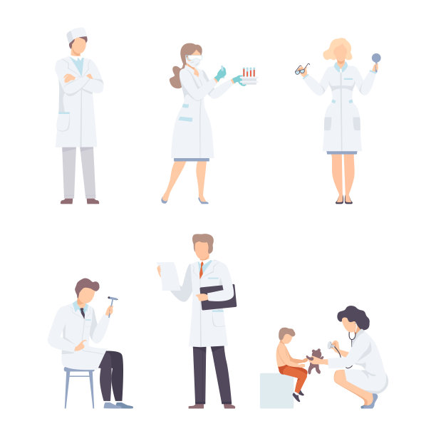 医院医务人员字符集。耳鼻喉科医生，实验室助理，神经科医生，儿科医生卡通矢量插图图片下载