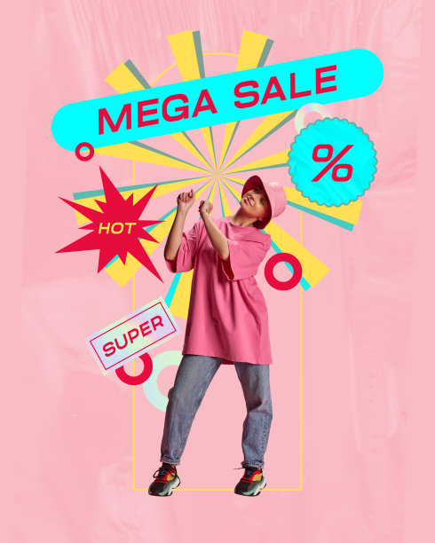 年轻的女孩在粉红色的背景上穿着时髦的休闲服。超级销售为您的购物。当代艺术拼贴。图片下载