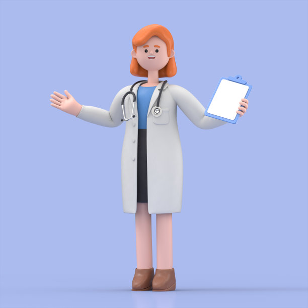 女博士新星的3D插图展示了诱人的姿态。快乐专业高加索男性专家。在蓝色背景上隔离的医学演示剪贴画图片下载