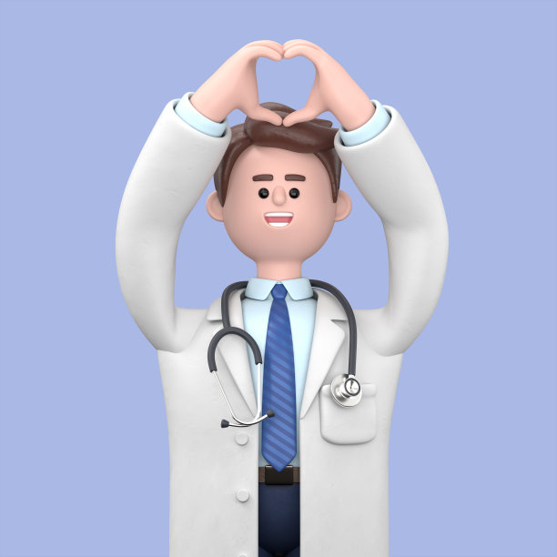 男医生林肯的3D插图展示了心脏手势，恭维，爱的标志。在蓝色背景上隔离的医学演示剪贴画图片下载