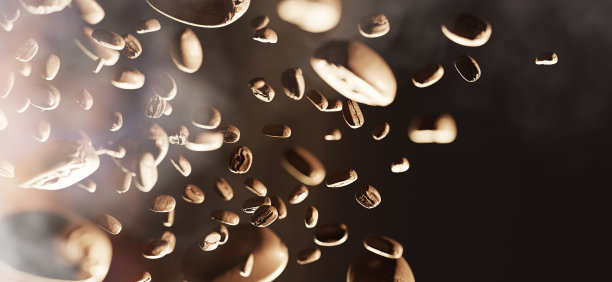 烘焙咖啡豆漂浮在空气中的香气新鲜烘焙咖啡与烟和火阿拉比卡罗布斯塔3D插图图片下载