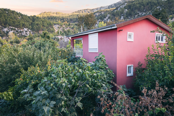 独自浪漫的房子或别墅在山与花园图片下载