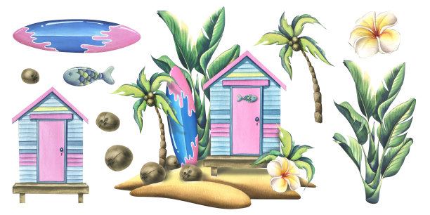 有冲浪板、棕榈树、沙滩岛上的椰子的木制条纹海滩小屋。水彩插图，手绘。白色背景上元素的独立构图。图片下载