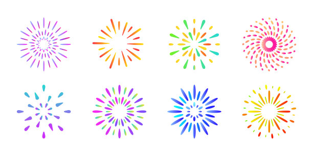彩色日本烟花图标标志，径向光，射线矢量插图透明背景材料集图片下载