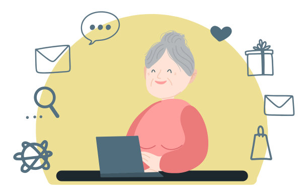 快乐的奶奶正拿着笔记本电脑坐在图片下载