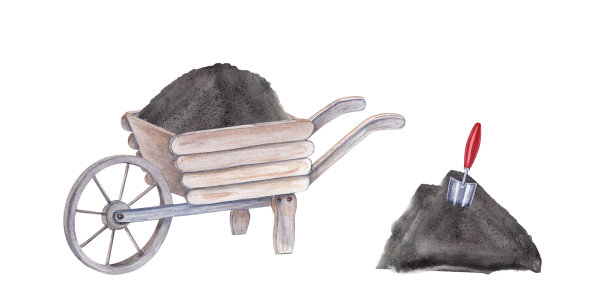 花园木手推车装满了泥土和泥炭铲卡。水彩插图孤立的白色背景。为设计小册子、传单、标签、杂志而设图片下载